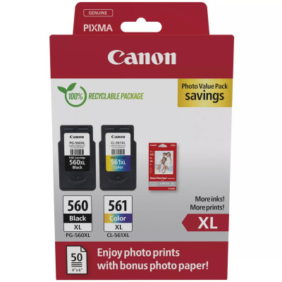 Originální inkoust Canon PG-560XL/CL-561XL (3712C008), černý/barevný, 2-pack XL +PP-201 50 listů